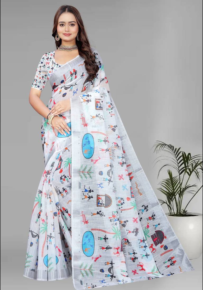 White colour linen cotton varli digital print saree