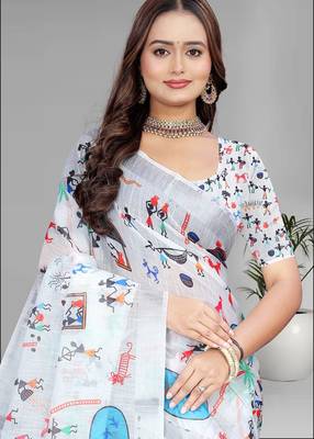 White colour linen cotton varli digital print saree 3