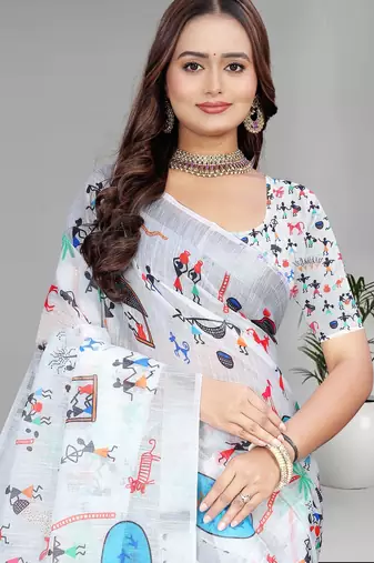White colour linen cotton varli digital print saree