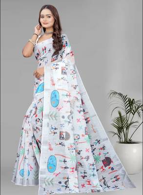 White colour linen cotton varli digital print saree 4