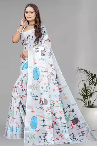 White colour linen cotton varli digital print saree