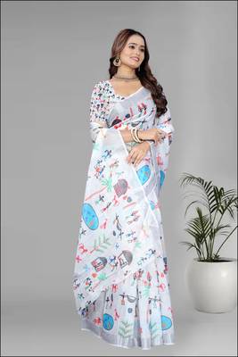 White colour linen cotton varli digital print saree 5