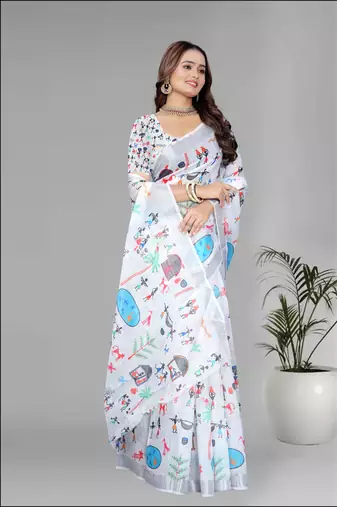 White colour linen cotton varli digital print saree