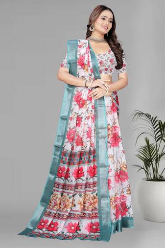white floral linen cotton digital print saree