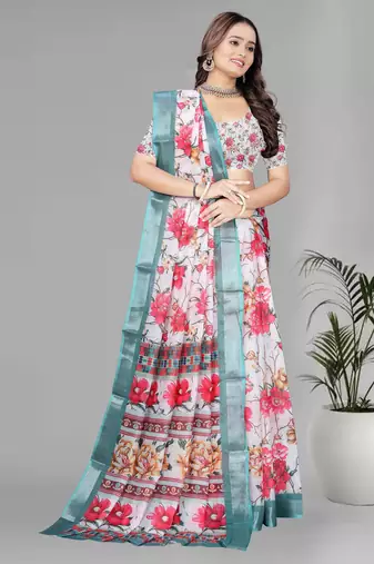 white floral linen cotton digital print saree