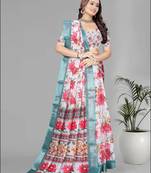 white floral linen cotton digital print saree