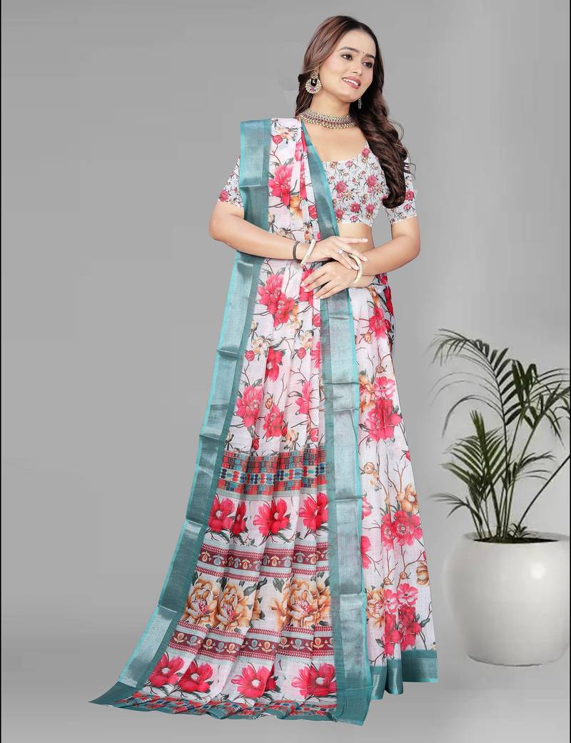 white floral linen cotton digital print saree