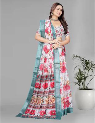 white floral linen cotton digital print saree 2