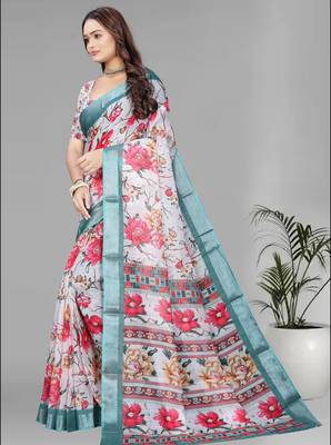 white floral linen cotton digital print saree 3