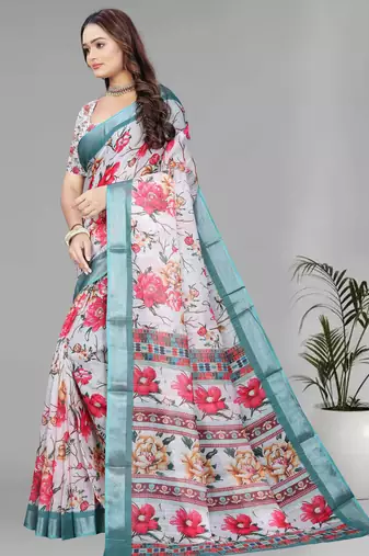 white floral linen cotton digital print saree