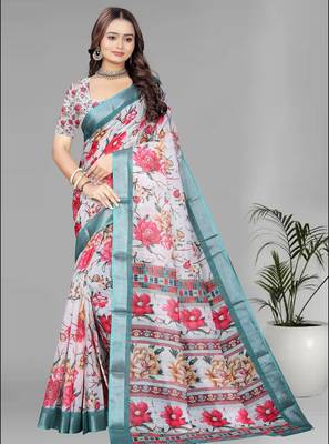white floral linen cotton digital print saree 4