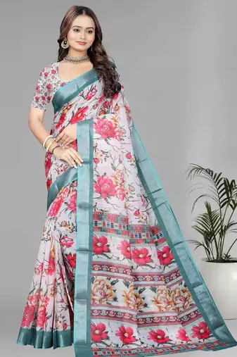 white floral linen cotton digital print saree