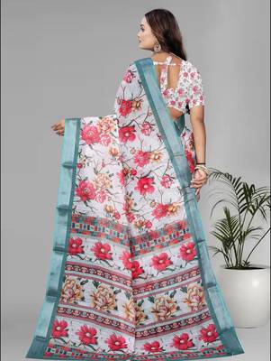 white floral linen cotton digital print saree 5