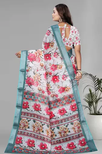 white floral linen cotton digital print saree