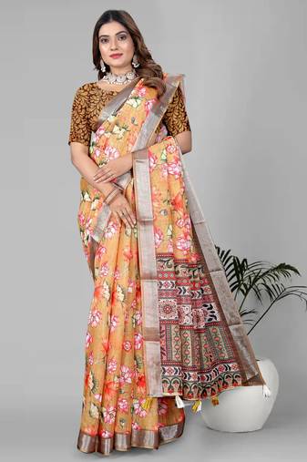 mustard floral linen cotton digital print saree