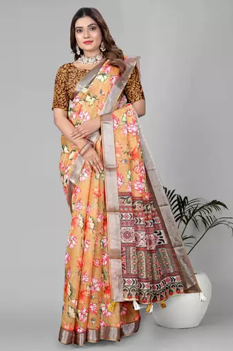 mustard floral linen cotton digital print saree