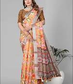 mustard floral linen cotton digital print saree