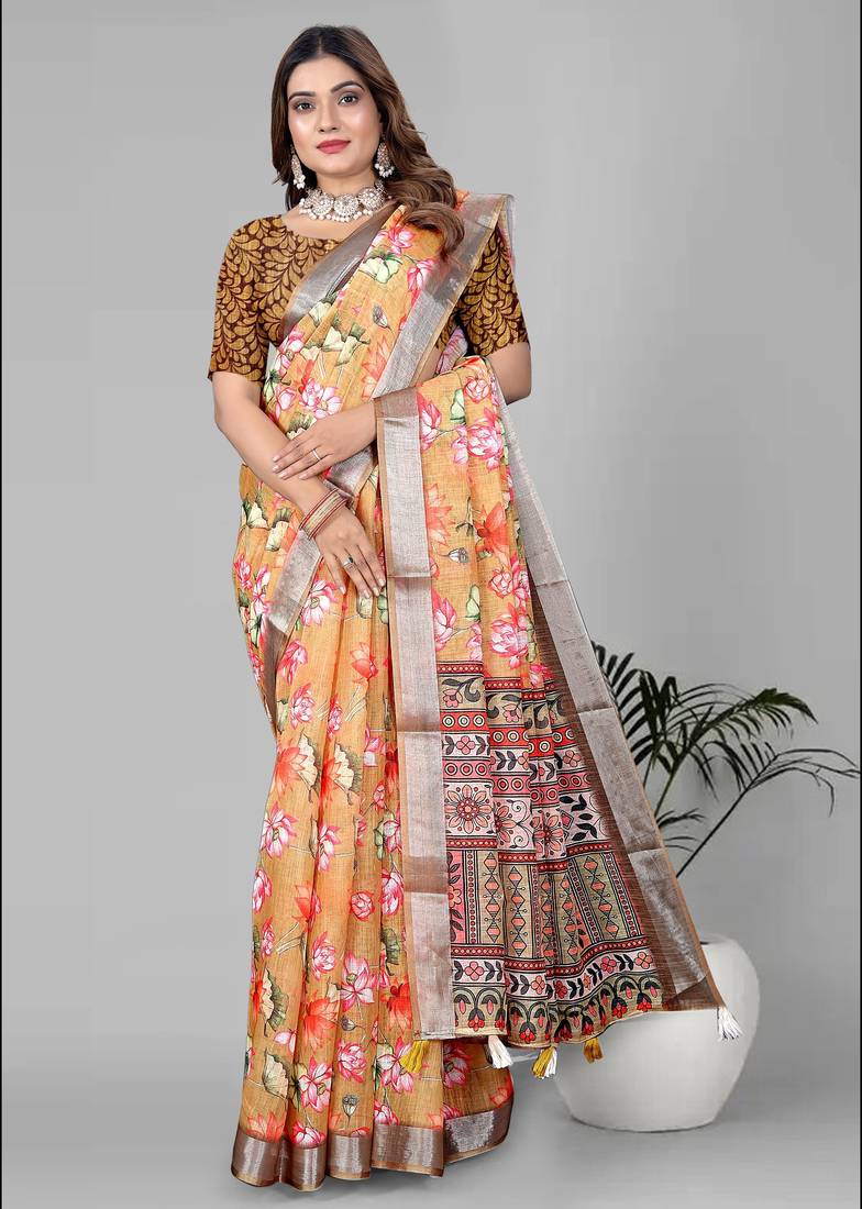 mustard floral linen cotton digital print saree