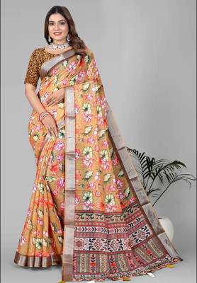 mustard floral linen cotton digital print saree 3