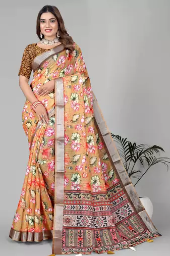 mustard floral linen cotton digital print saree