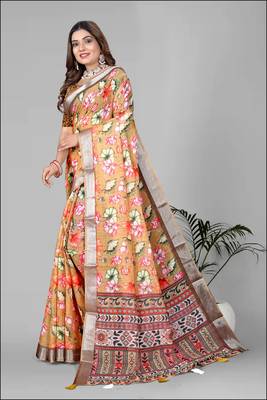 mustard floral linen cotton digital print saree 4