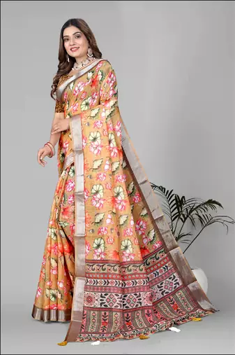 mustard floral linen cotton digital print saree