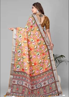 mustard floral linen cotton digital print saree 5