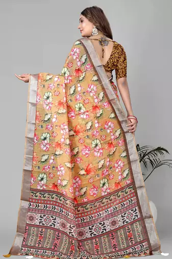 mustard floral linen cotton digital print saree