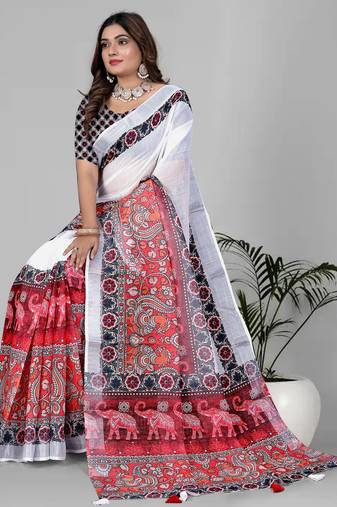 white white colour linen cotton digital print saree
