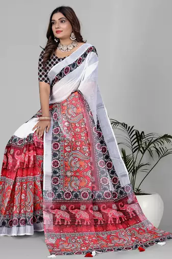 white white colour linen cotton digital print saree