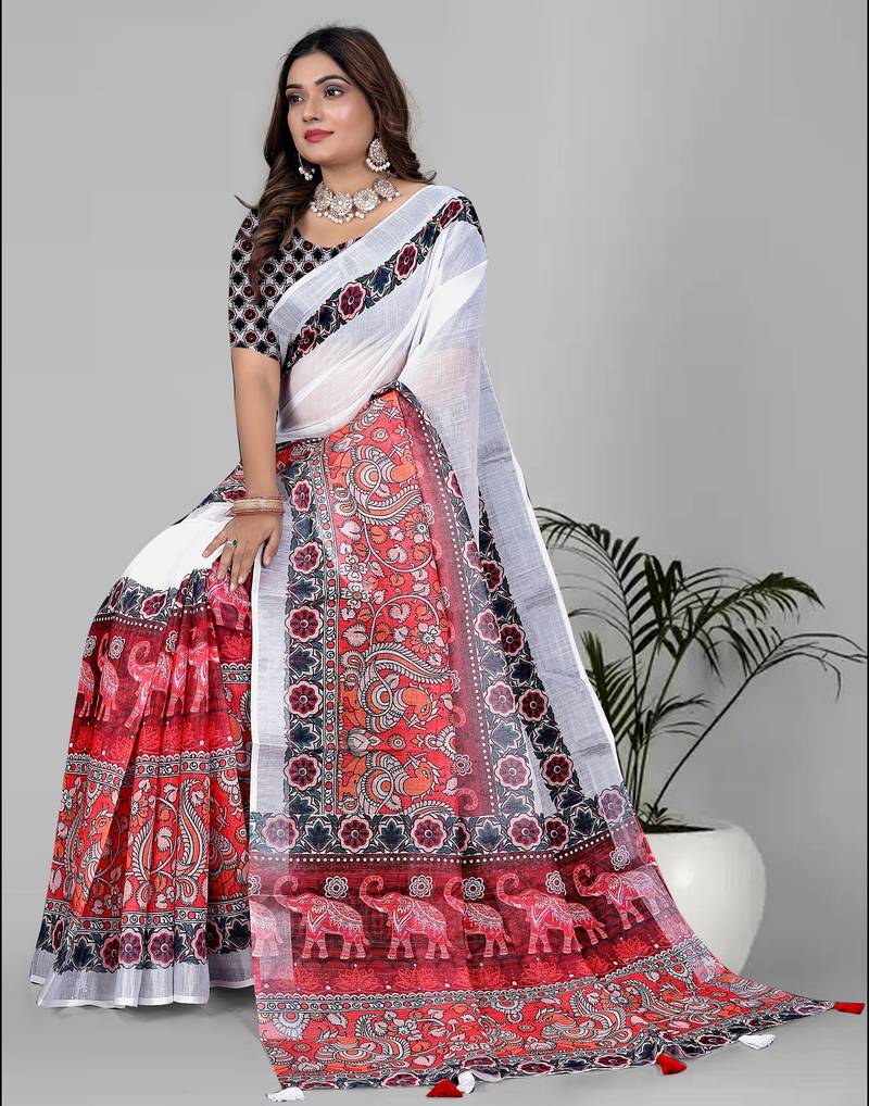 white white colour linen cotton digital print saree