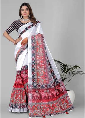 white white colour linen cotton digital print saree 3