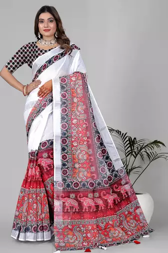 white white colour linen cotton digital print saree
