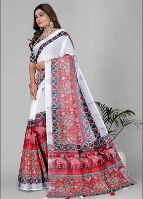 white white colour linen cotton digital print saree 4