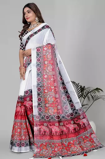 white white colour linen cotton digital print saree