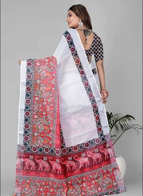 white white colour linen cotton digital print saree 5