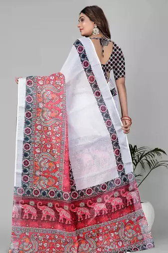 white white colour linen cotton digital print saree