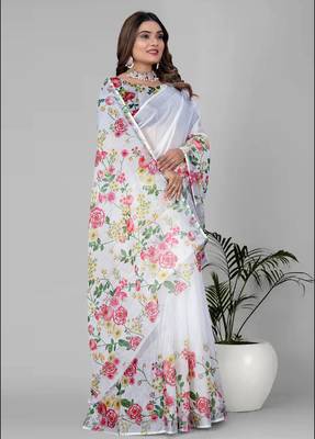 white floral linen cotton digital print saree 1
