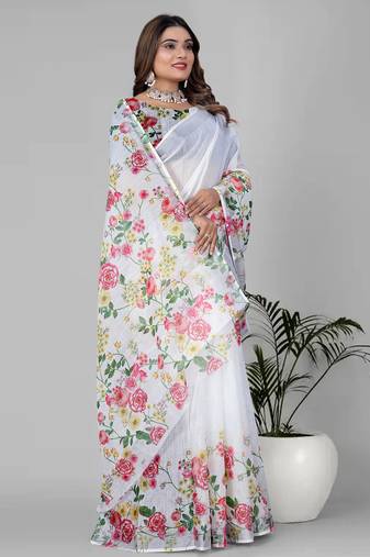 white floral linen cotton digital print saree
