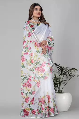 white floral linen cotton digital print saree
