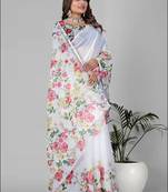 white floral linen cotton digital print saree