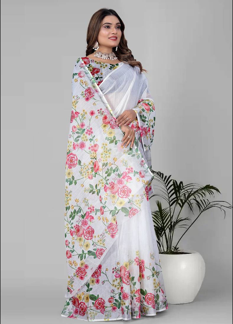 white floral linen cotton digital print saree