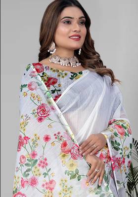 white floral linen cotton digital print saree 3