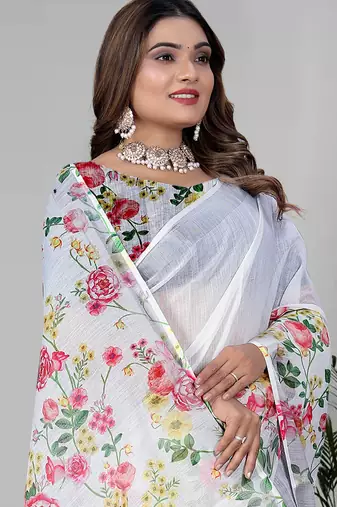 white floral linen cotton digital print saree