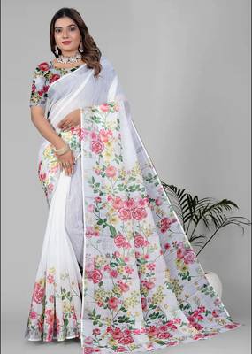 white floral linen cotton digital print saree 4