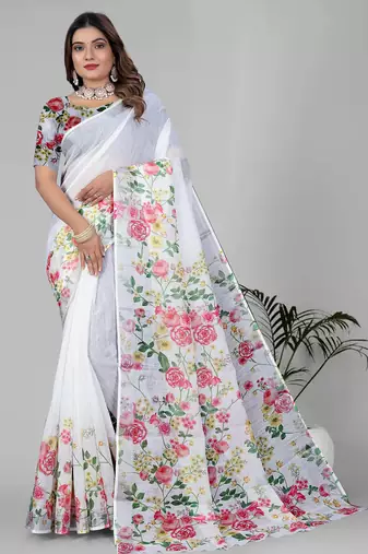 white floral linen cotton digital print saree