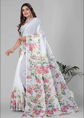 white floral linen cotton digital print saree 5