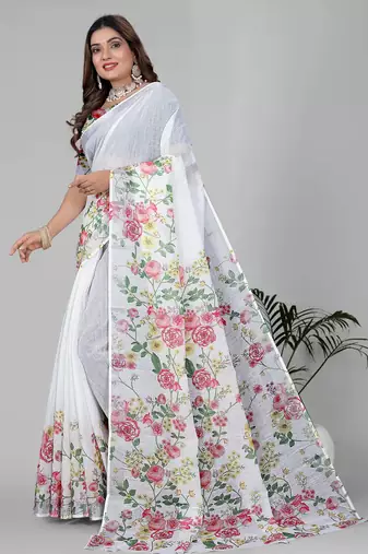 white floral linen cotton digital print saree