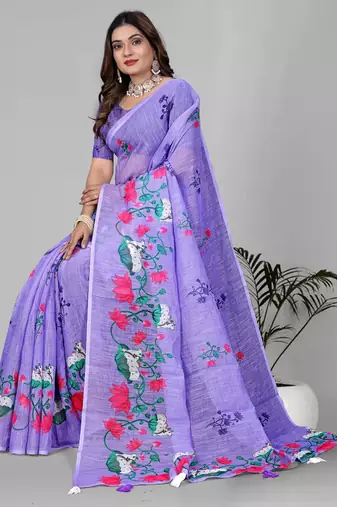 purple floral linen cotton digital print saree(purple)