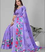 purple floral linen cotton digital print saree(purple)